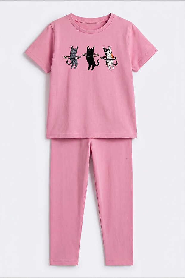 Girl's Leggings Set with Cat and Stone Print
