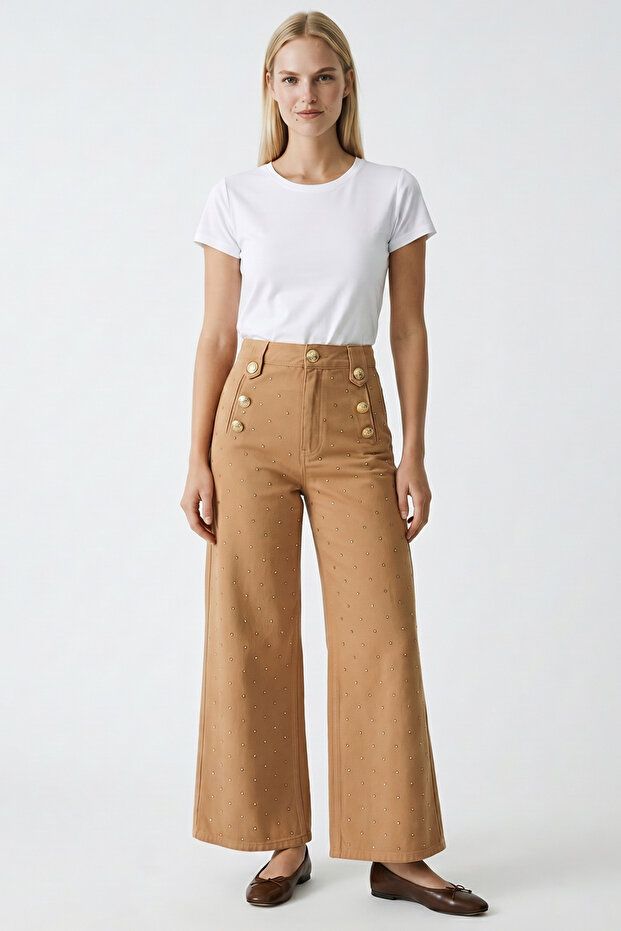 Normal Waist Stoned Wide Leg Regular Denim Trousers