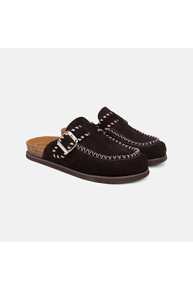 Women's Bitter Brown Buckle Stitched Detailed Suede Sabo Slippers