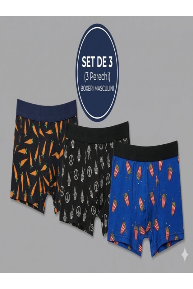 BOXERI BĂRBAȚI 3 BUCĂȚI SET, BUMBAC, MULTICOLOR