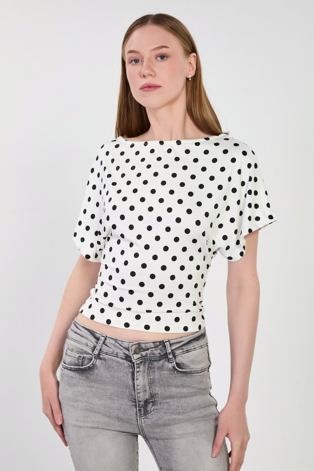 Women's boat neck polka dot blouse - ecru