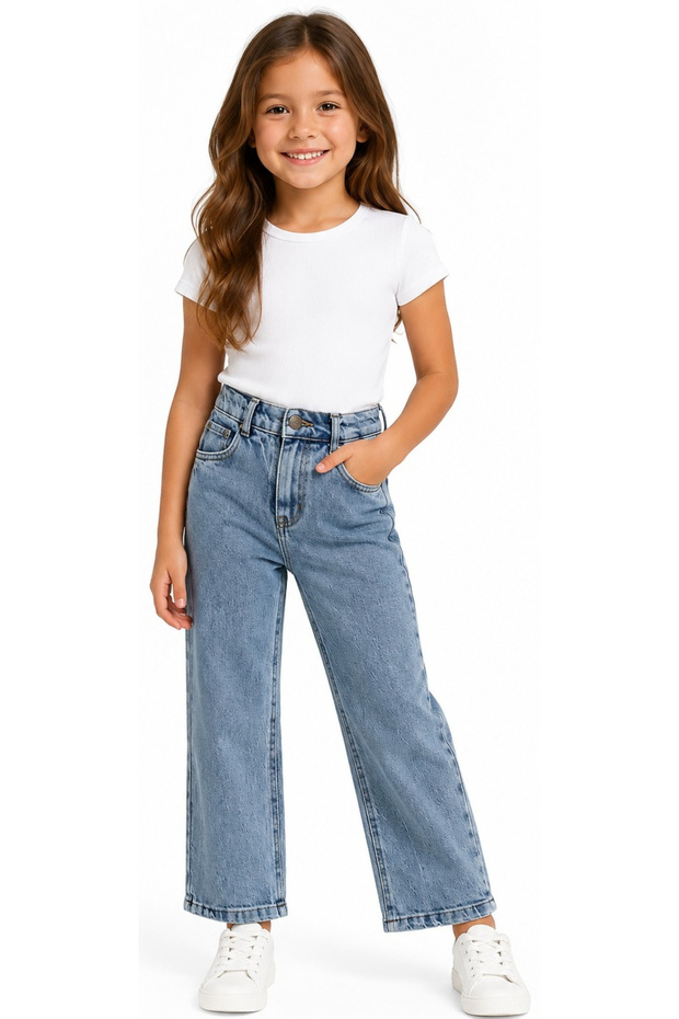 Girl's Stonewashed Model Jeans with Adjustable Waistband and Zipper Closure in Plain Blue Color