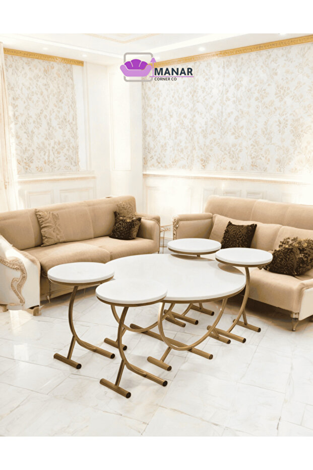 Coffee Table Set (5 Pieces) - White Marble & Interlocking Gold Base