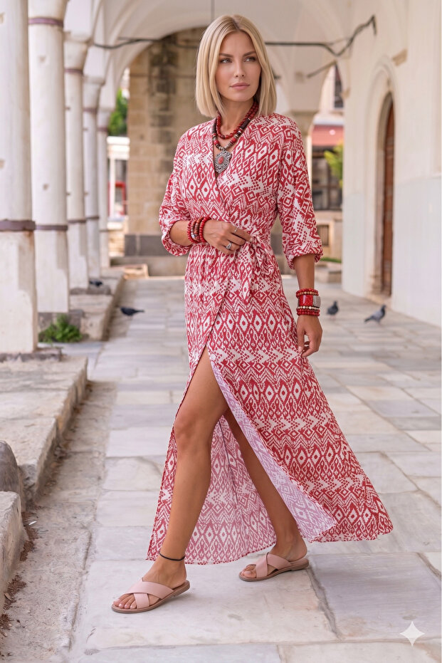 Women's Red Double Breasted Collar Deep Slit Long Sleeve Summer Dress 3415341