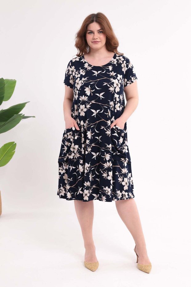 Women's Navy Blue Beige Poppy Pattern Pocketed Loose Fit 42-54 Compatible Standard Size Flexible Dress