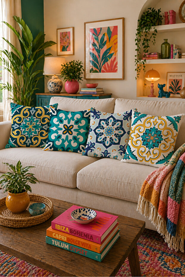 Turquoise Mustard Ethnic Patterned 4-Piece Throw Pillow Cover 43X43 Double-Sided Printed