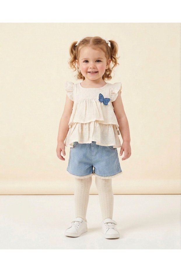 Girl's Festive Butterfly Detailed Pompom Blouse and Denim Shorts Stylish 2-3-4-5 Years Old 2-Piece Set