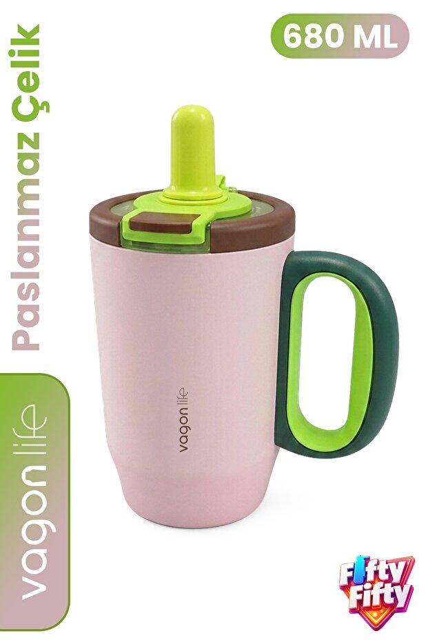 680 ml Single Lid Dual Use Stainless Steel Thermos Mug with Straw and Comfortable Drinking Handle Ffvgn1113-680Ml