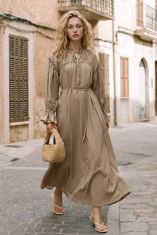 Rochie lungă camel cu șnur - 3