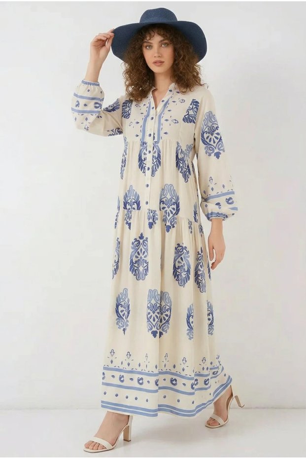 Women's High Collar Gathered Waist Floral Patterned Viscose Cream Hijab Dress