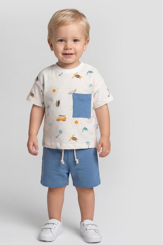Summer Cotton Car & Palm Tree Printed Baby Set with Pocket Detail Shorts