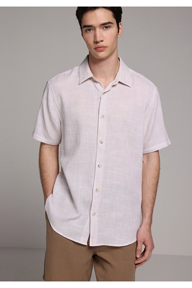 Regular Fit Shirt Neck Plain Men's Beige Short Sleeve Shirt