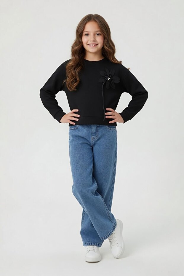 Black Floral Embroidered Girls' 2-Piece Set with Badi Jean Pants 24158