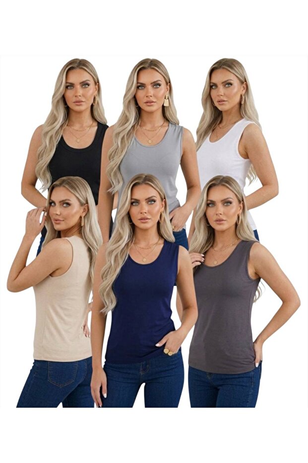 Women's Sleeveless Basic Plain Bodysuit 6-Piece Flexible Daily Stylish U-Neck Princess Collar