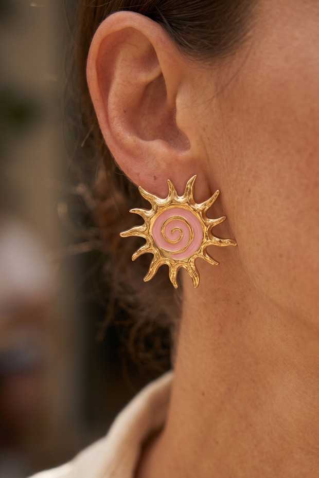 Gold Pink Enamel Güneş Premium Steel Earrings