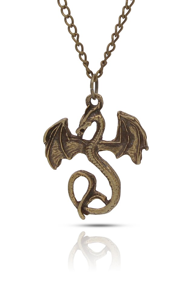 Winged Dragon Pendant Necklace with Fantastic Dragon Figure - Antique Yellow Plated with Classic Chain