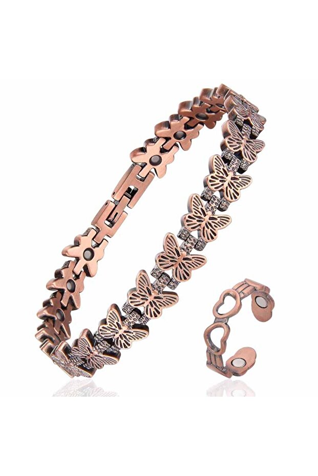 21.5cm Antique Copper Plated 2 elegant copper magnetic bracelets, ring set, women's exclusive - slim