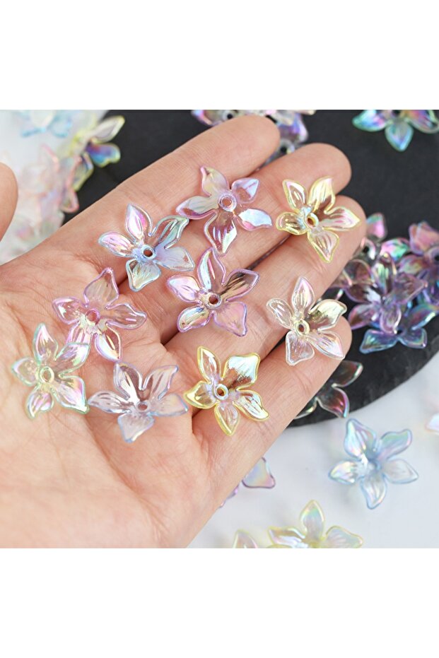 100pcs random color 50/100pcs Rainbow Acrylic Flower Beads, Transparent Petal Beads, Suitable for DI