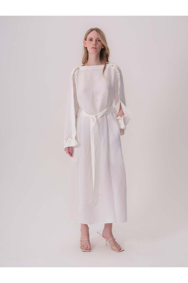 White Linen Dress with Button Detail