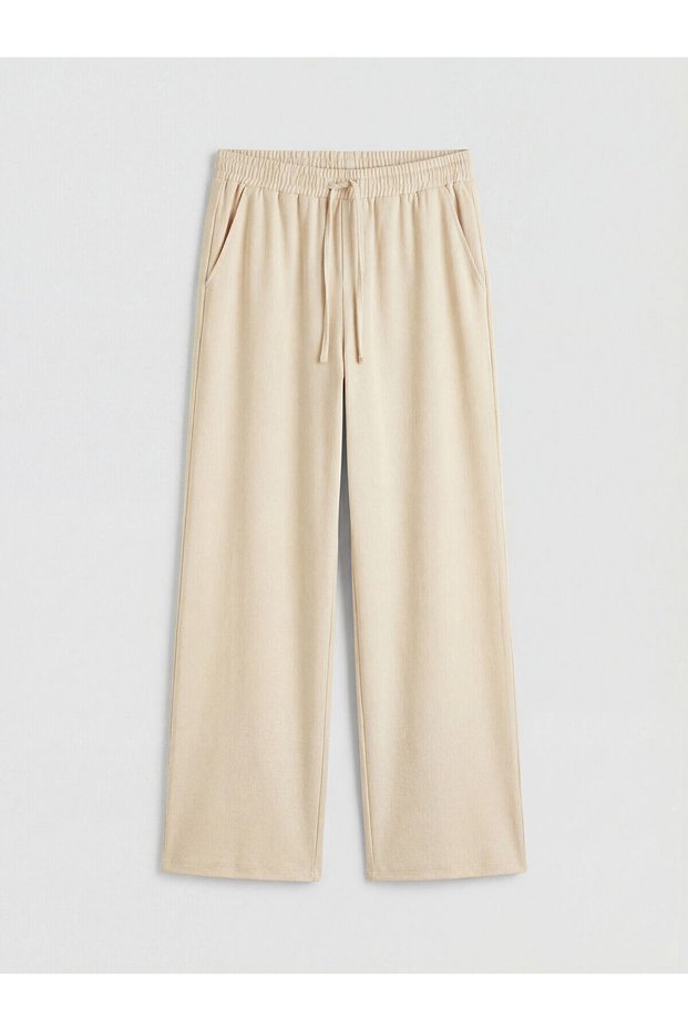 Beige Elastic Waist Wide Leg Women's Trousers
