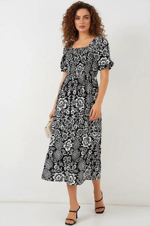 Women's Square Collar Gathered Waist Floral Patterned Viscose Black Dress