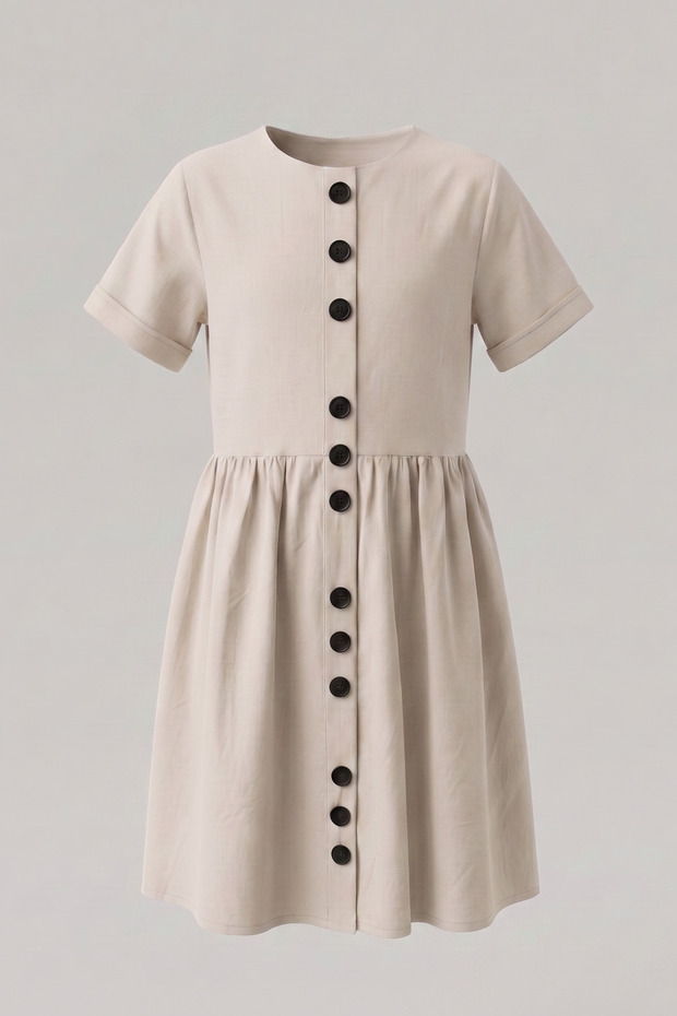Girl's Short Sleeve Cotton Dress with Button Accessories, Ages 7-14