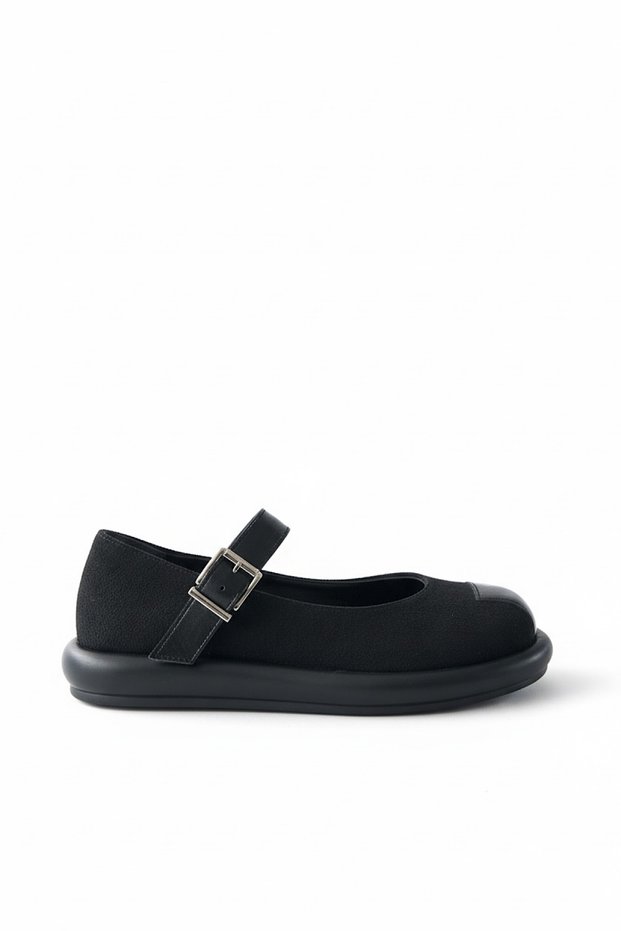 Miky Black Suede Women's Ballerinas with Single Piping Detail