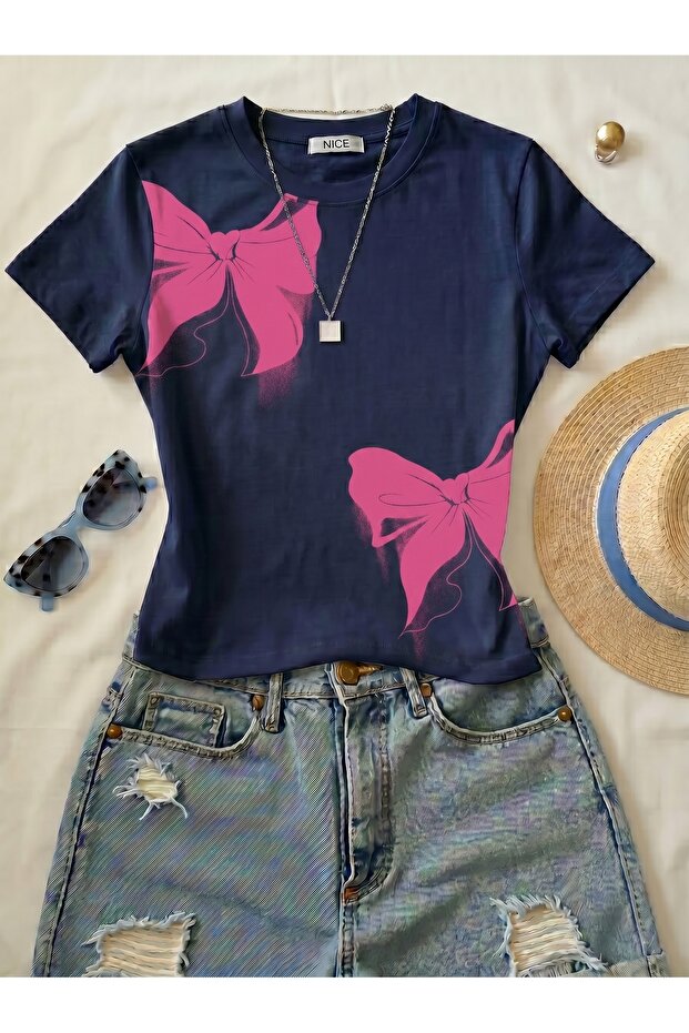 Women's Double Ribbon Printed - Lycra Short Sleeve Body Tee Crop
