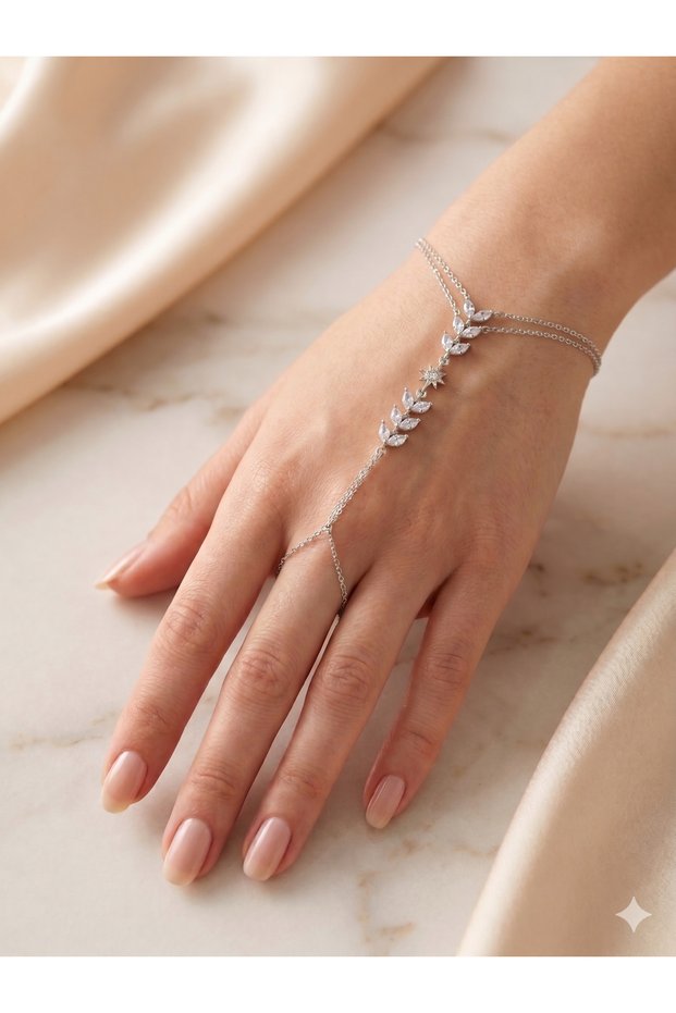 Stainless Steel Silver Leaf and Star Detailed Shahmeran Bracelet – Women's Shahmeran Model with Stones