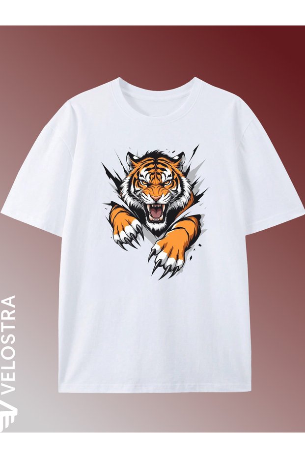 Men's Tiger Printed Oversize Comfortable Daily Use Combed Cotton T-Shirt