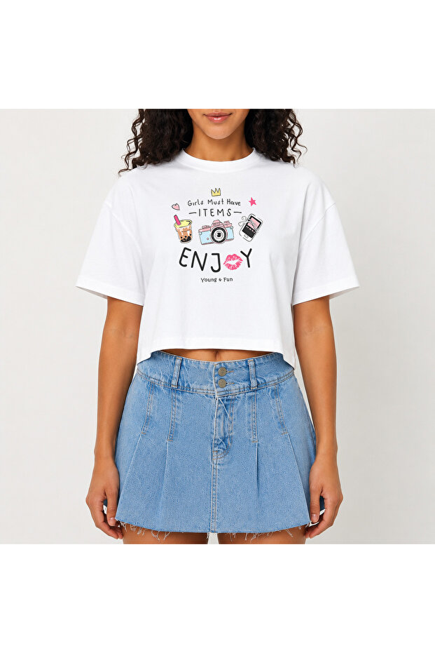 Crop T-Shirt White Printed Relaxed Fit Raw Cut Basic Short Tshirt