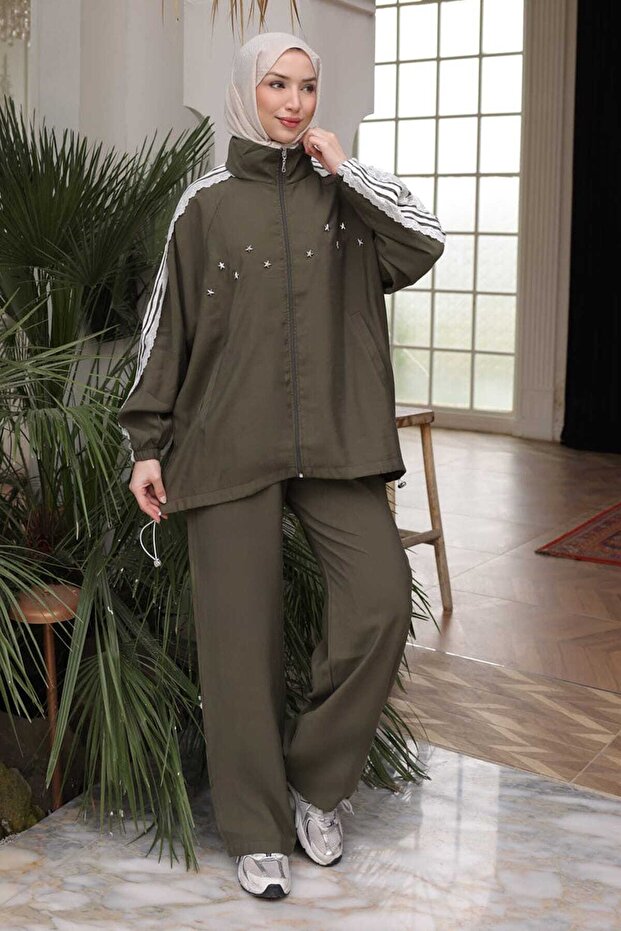 Khaki Lace Detailed Tunic and Trousers Set