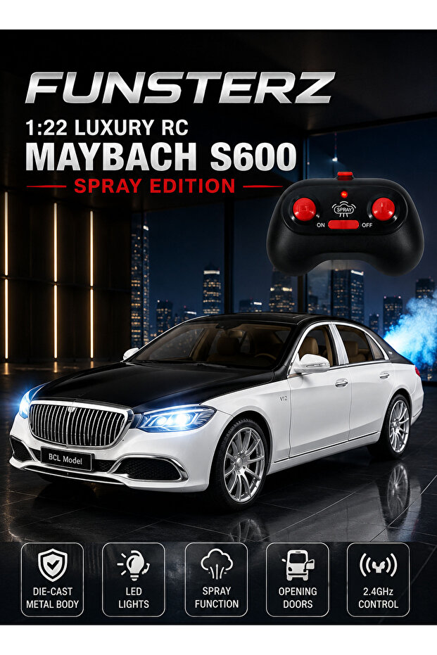Mercedes Maybach S600 RC Spray Car 1:22 Die-Cast Remote Control Toy with Lights & Sound