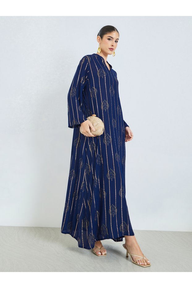 Blue Foil Print Lurex Jalabiya