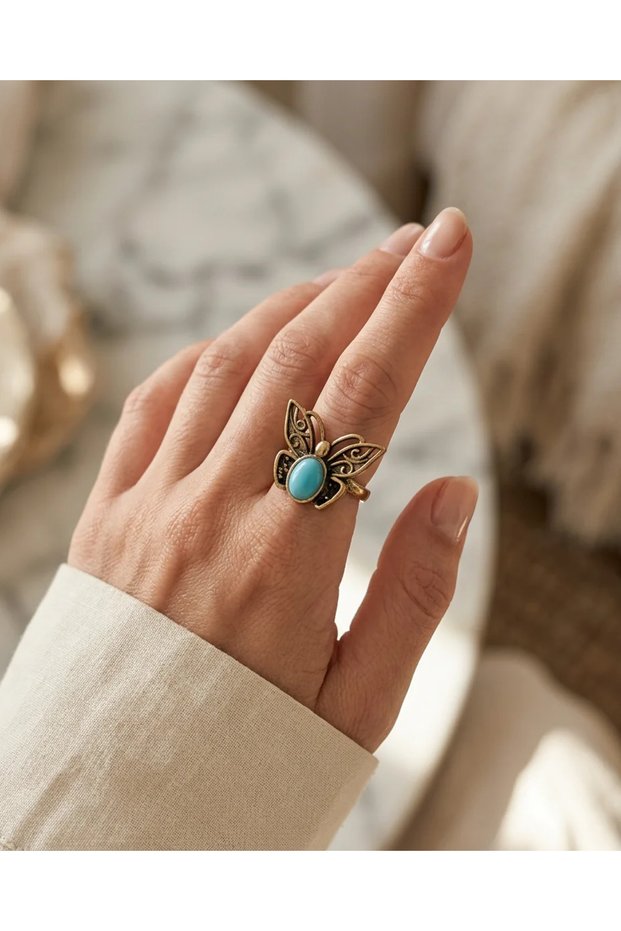 Bronze vintage women's ring authentic copper jewelry turquoise natural stone butterfly design adjustable