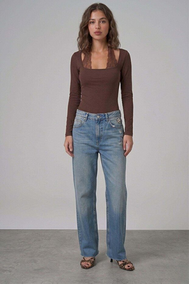 Lace Tie-Up Bodysuit Brown