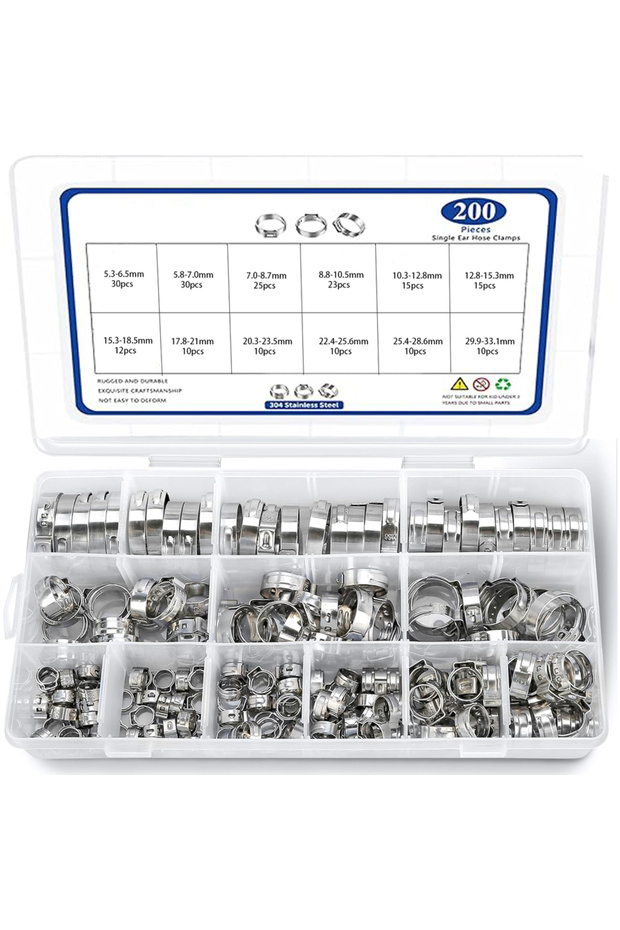200PCS 12 Size 6.5-33.1mm 304 Stainless Steel Single Ear Hose Clamps Assortment Kit for Securing...