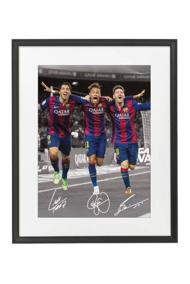 Barcelona Trio ( Messi - Suarez - Neymar ) Printed Autograph - Framed Poster 50x40cm - Football Memorabilia, Soccer Collectible, Gift for Fans , Man Cave