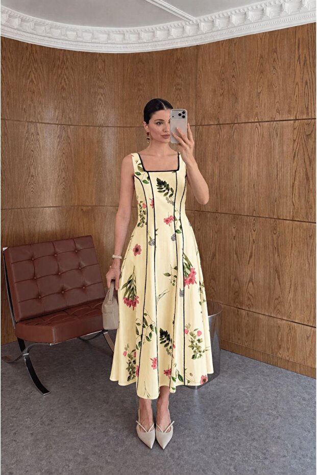 Black Piped Square Neck Floral Print A-Line Midi Length Dress