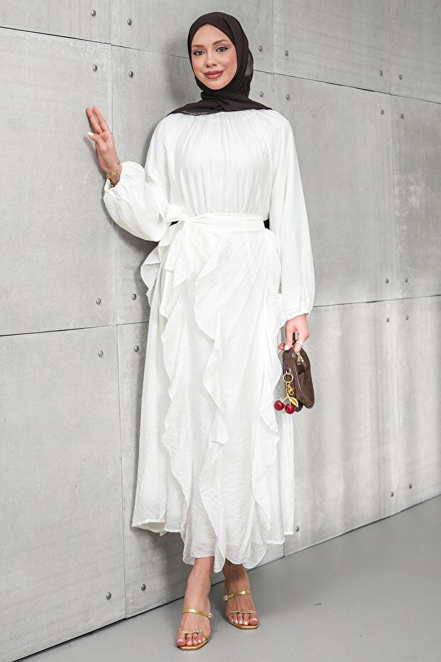 White Balloon Sleeve Dress with Skirt