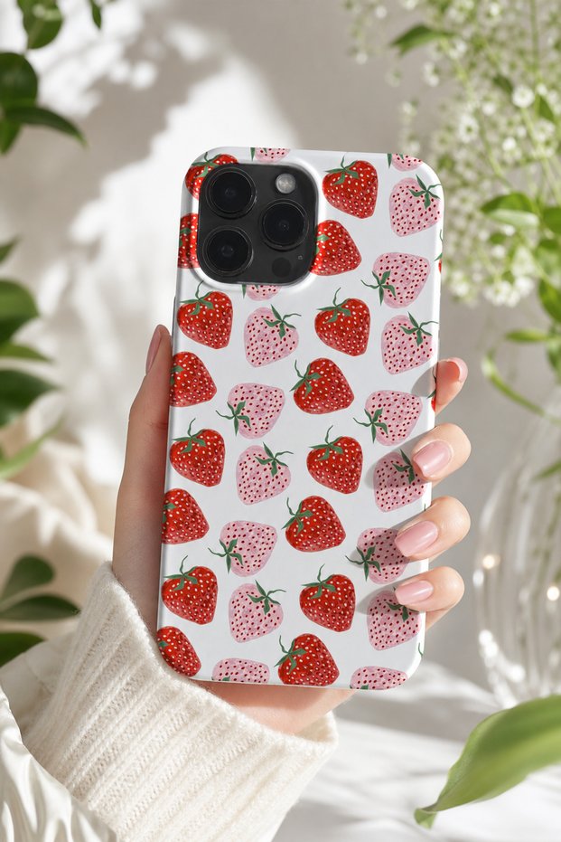 iPhone 15 Pro Max Compatible Launch Silicone Strawberry Pattern Shock Absorbing Case White
