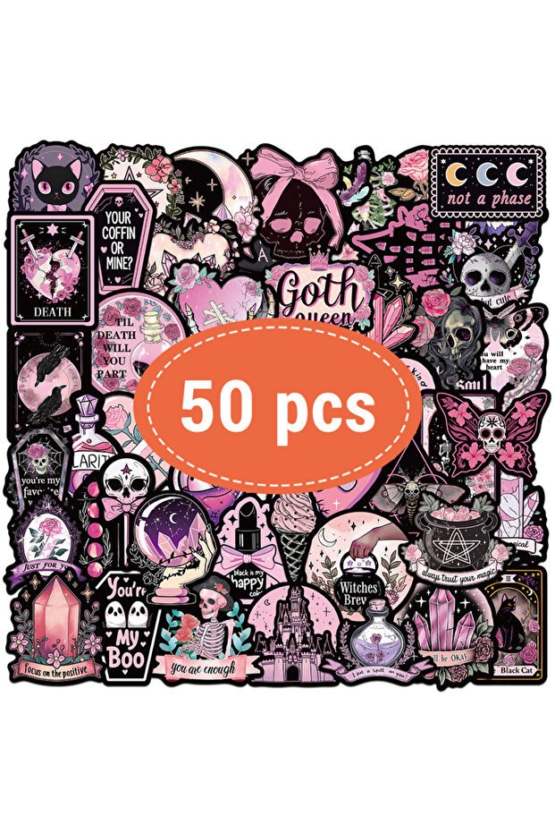 50PCS-TZ-190 50 Pcs Gothic Skull Witchy Stickers Dark Pink Goth Waterproof Vinyl Graffiti Stickers f