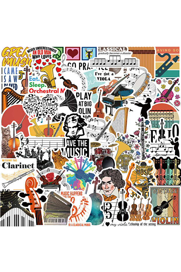 52pcs 52PCS Musical Instrument Orchestra Music Cartoon Graffiti Stickers Guitar Refrigerator Luggage