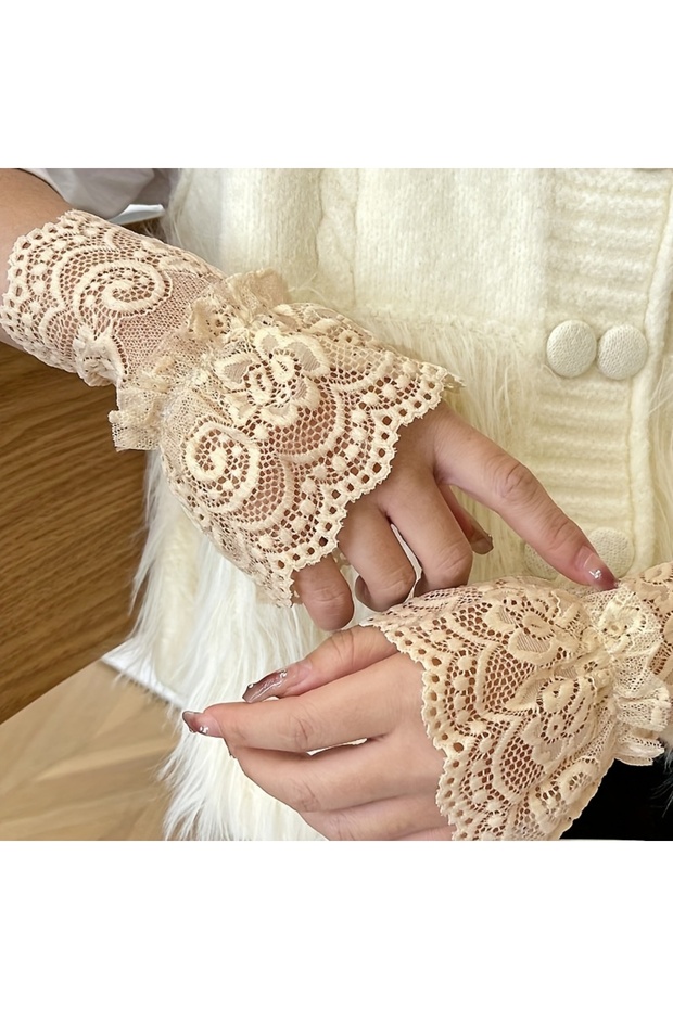 Skin color 1 Pair Lace Hollow Wristbands for Women,Wrist Covers Lace Trim,Stretch Floral Flower Desi