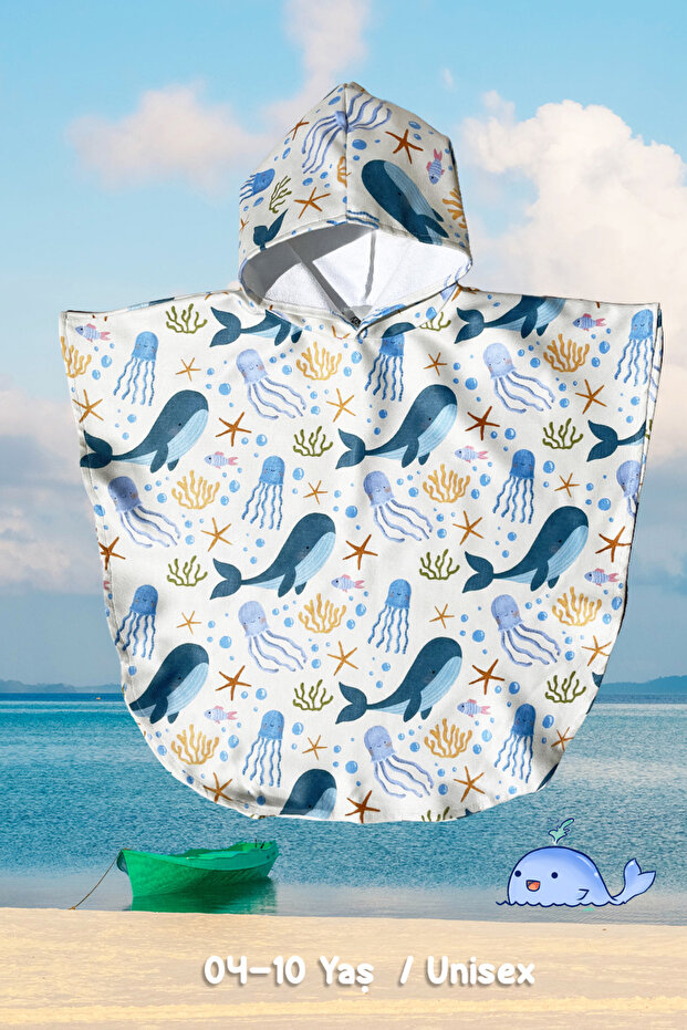 Whale Patterned Hooded Poncho (Ages 4-10)