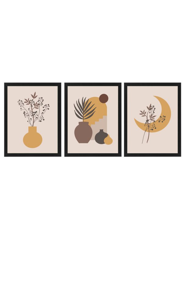 Set of 3, Mid Century Modern Art, Boho Decor, Landscape, Neutral Wall Art Poster with Frame 30x40cm