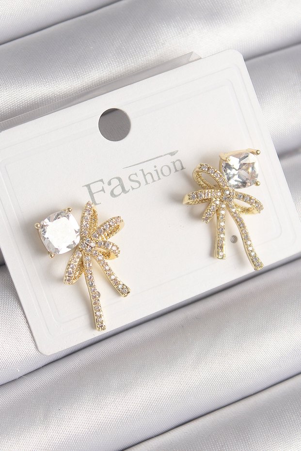 Brass Gold Color Zircon Stone Ribbon Model Women's Earrings 5886 - Eterna9736-9855