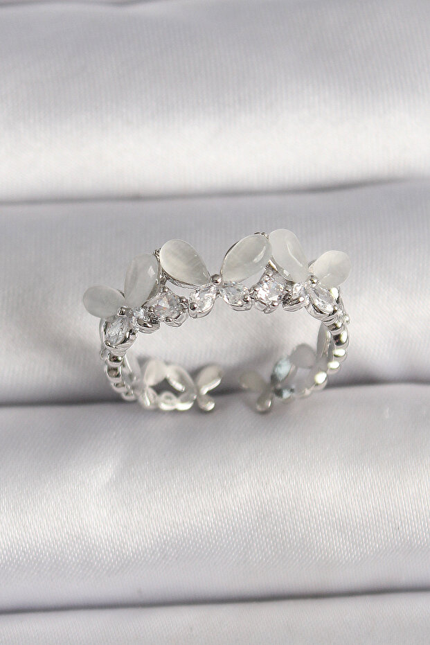 Brass Silver Color Zircon Stone White Enamel Model Adjustable Ring 5886 - Teolsa5054-835