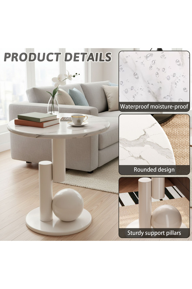 Round Side Table,Marble Pattern End Table with Geometric Base,Small Coffee Table,Sofa Side - 4