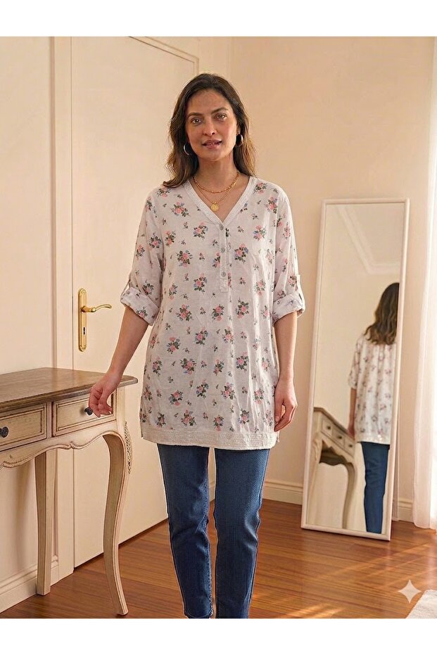 Women's Italian Beige Sequin Buttoned Collared Crisp Rose Pattern 3/4 Sleeve Blouse Tunic